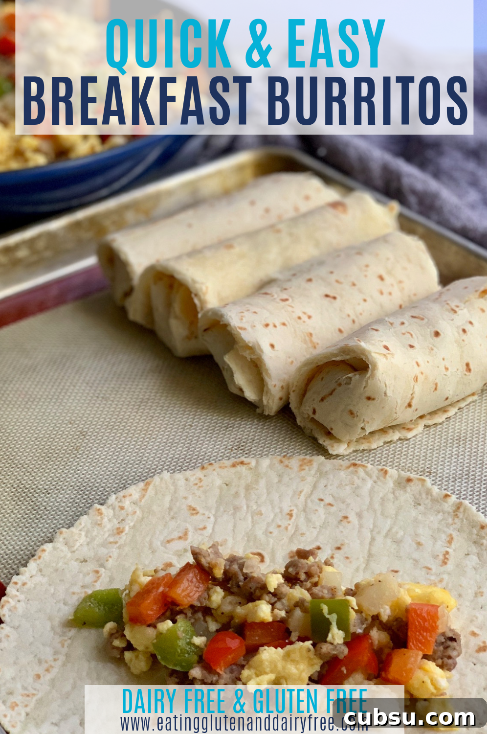 Make-Ahead Breakfast Burritos for Busy Mornings 2 sausage, eggs, onions, diced potatoes, and bell peppers on a gluten free tortilla