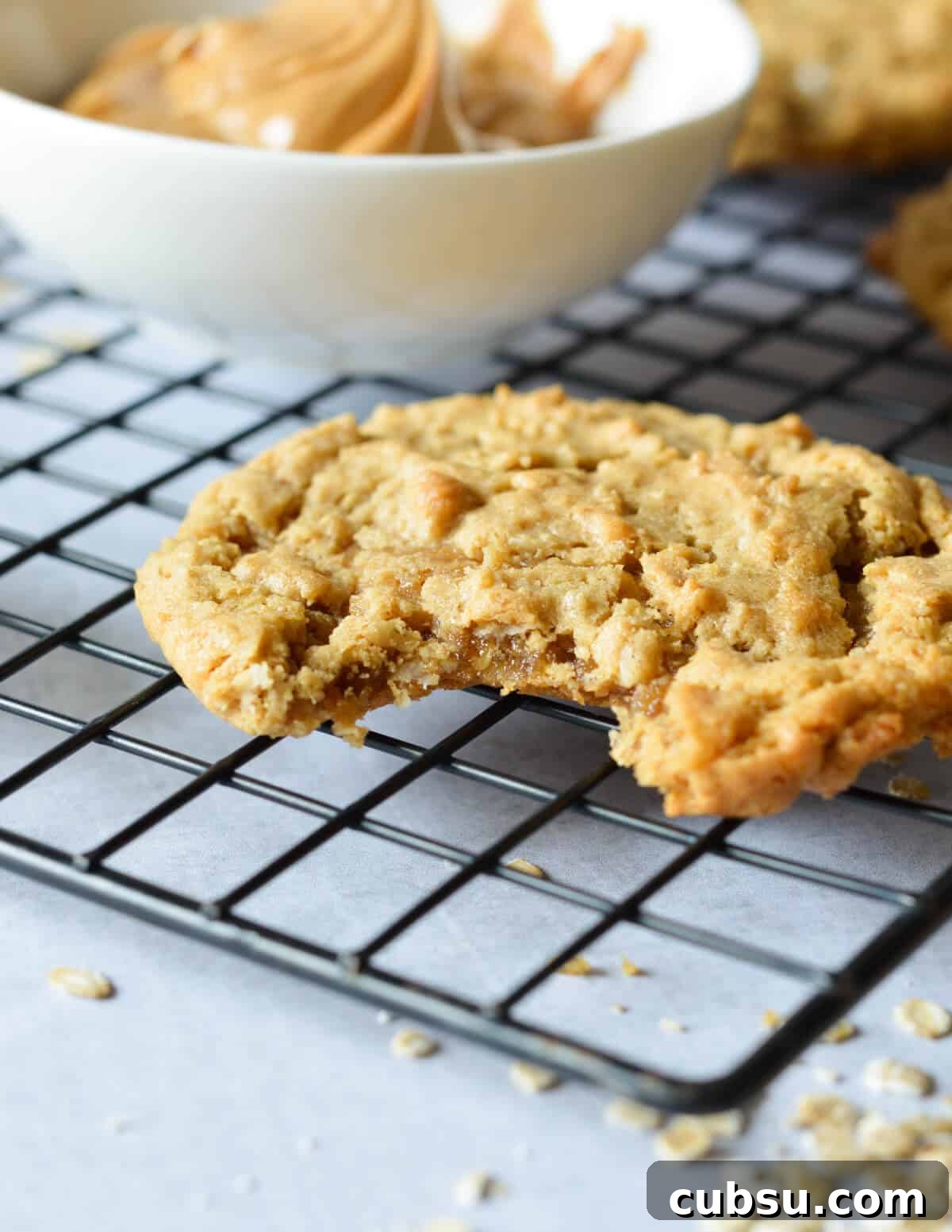 Flourless Peanut Butter Cookies Recipe — Chewy & Gluten-Free 9 peanut butter cookie with a bite out of it on a wire rack.