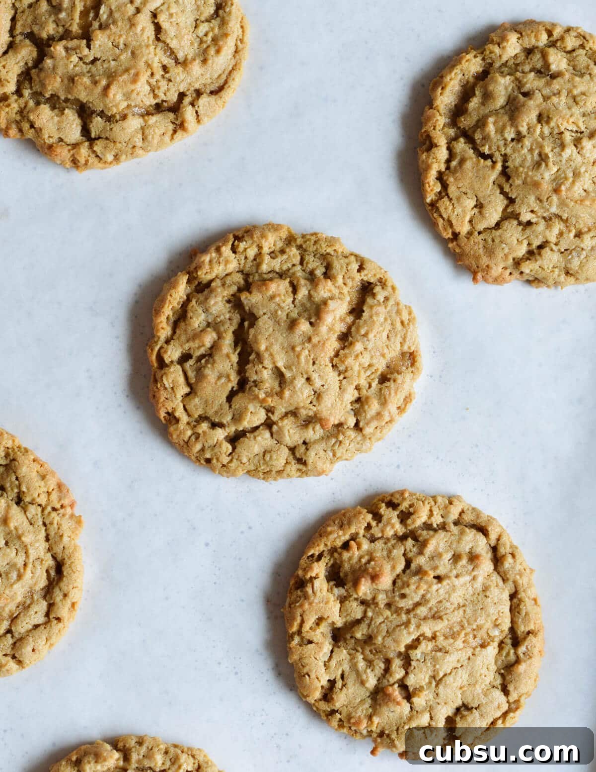 Flourless Peanut Butter Cookies Recipe — Chewy & Gluten-Free 10 peanut butter cookies on a sheet pan.