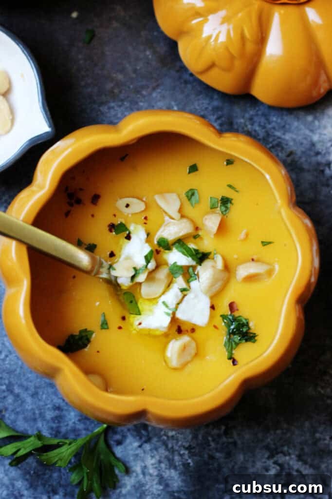 Roasted Butternut Squash Soup with Feta and Toasted Almonds 2 A bowl of simple roasted butternut squash soup