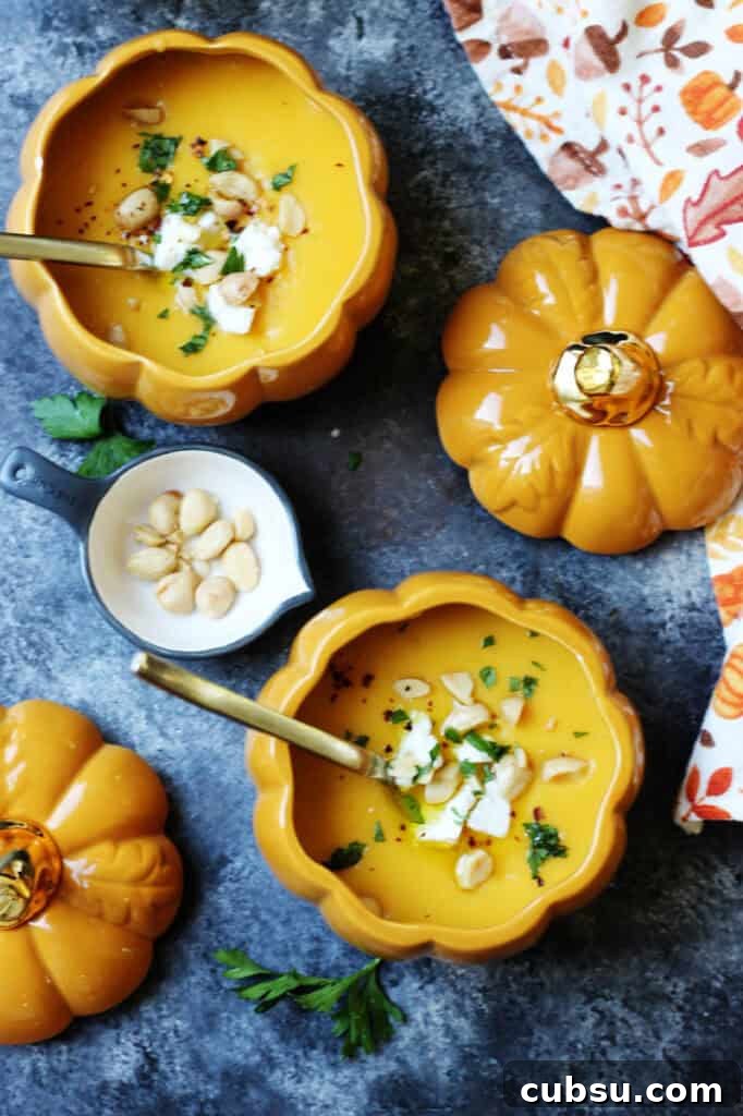 Roasted Butternut Squash Soup with Feta and Toasted Almonds 16 Overhead of bowls of simple roasted butternut squash soup