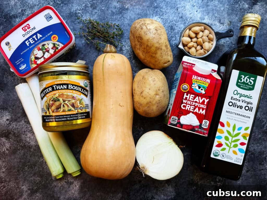 Roasted Butternut Squash Soup with Feta and Toasted Almonds 3 Ingredients for this easy roasted butternut squash soup