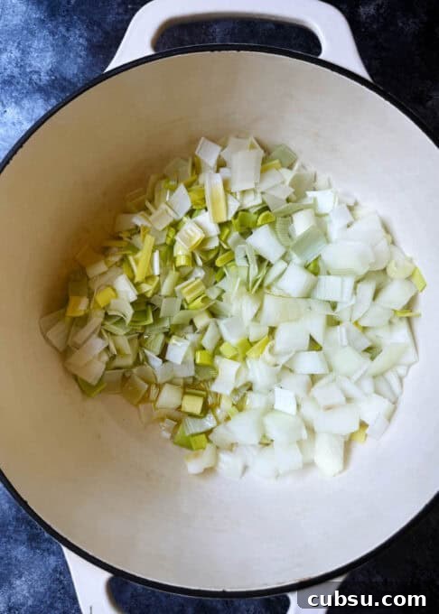 Onions and leeks in a Dutch oven
