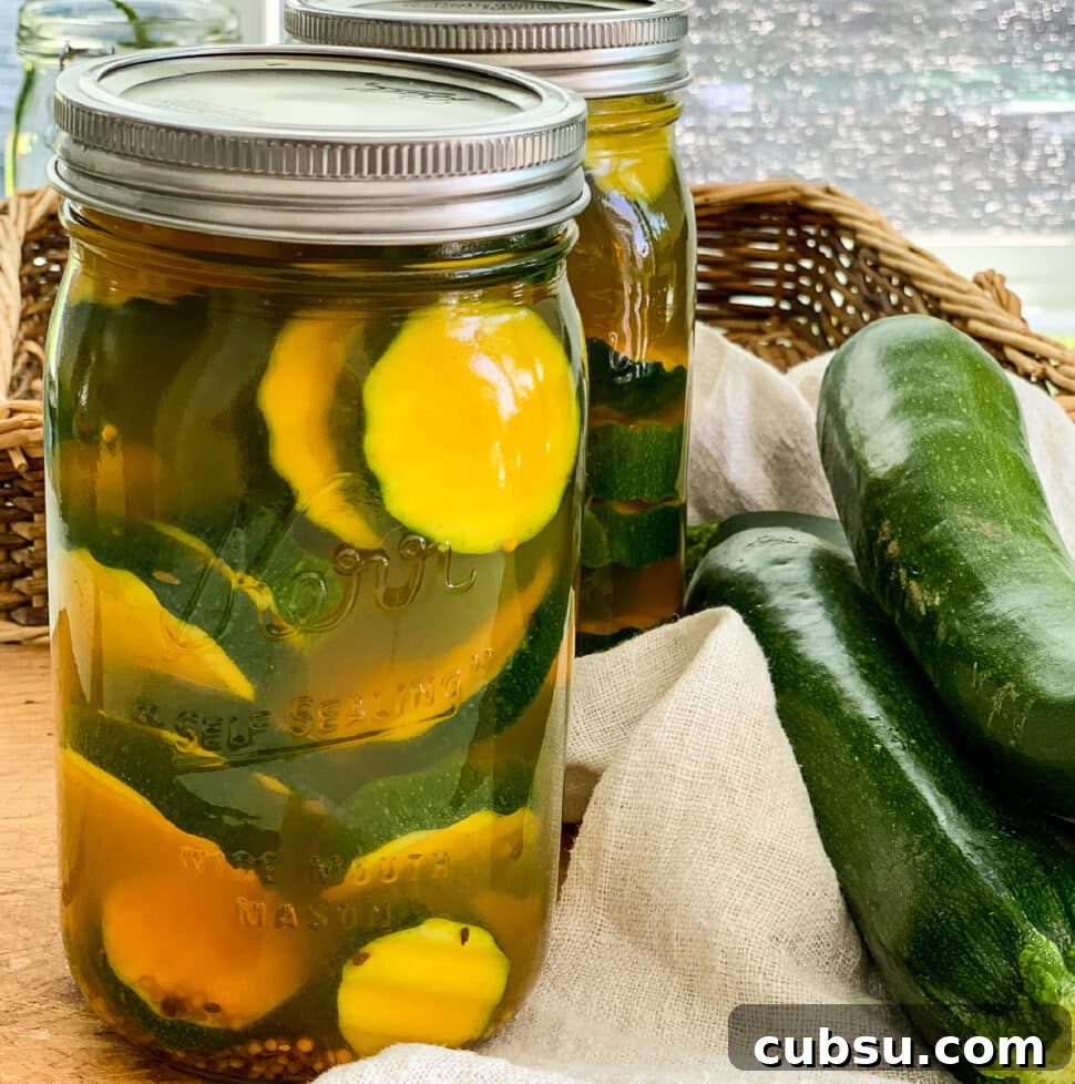 Quick Refrigerator Zucchini Pickles — No Canning Required 18 Close up of zucchini pickles in a quart glass mason jar.