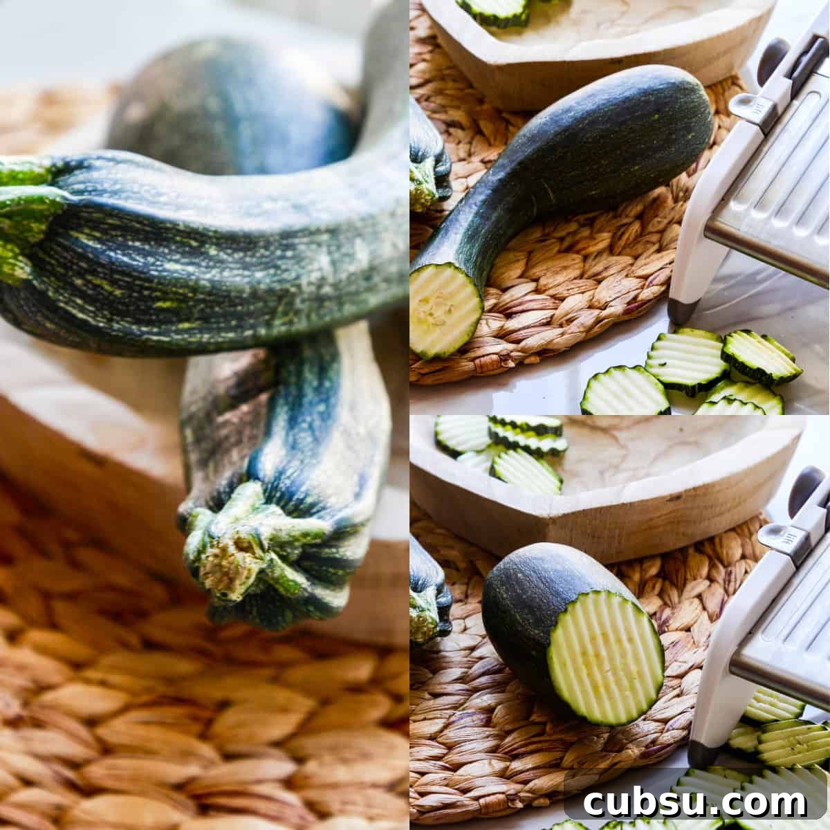 Quick Refrigerator Zucchini Pickles — No Canning Required 8 Zucchini in a wood bowl with a mandoline slicing zucchini in a crinkle cut pattern.