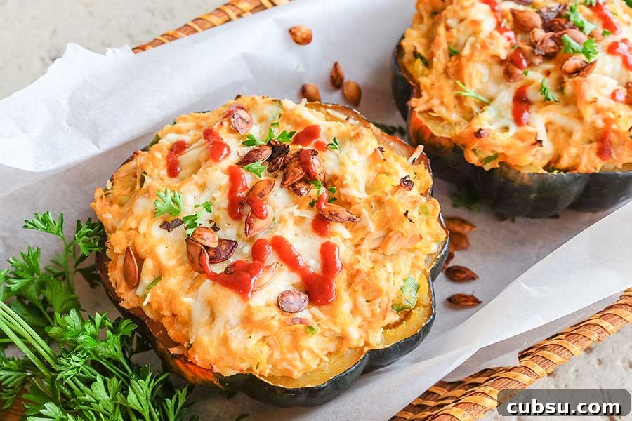 stuffed acorn squash with cheesy buffalo leftover turkey