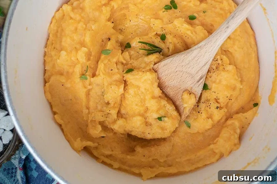 overview of yam and sweet potato mash in a pot, vegetarian recipe