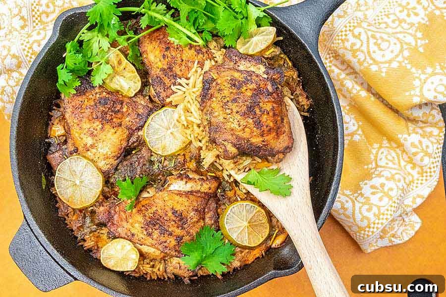 chili lime chicken with rice in a cast iron skillet