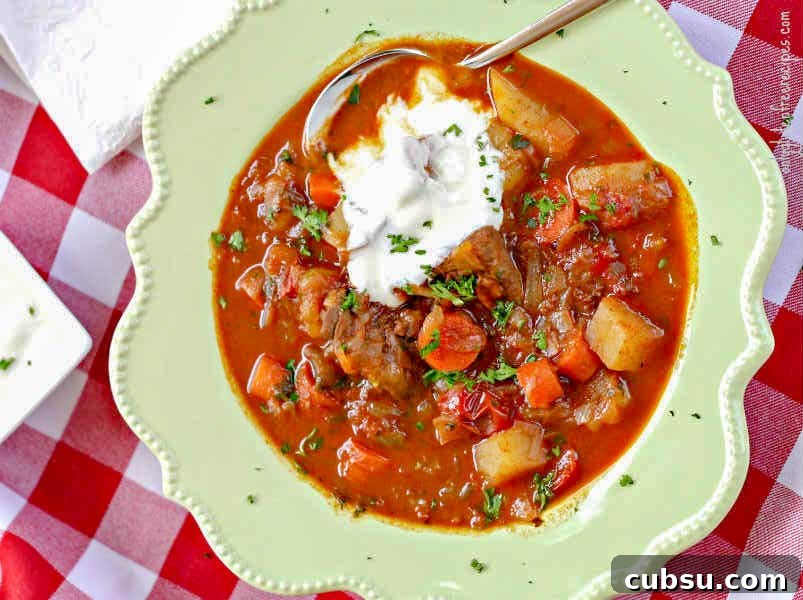 Hungarian goulash topped with sour cream