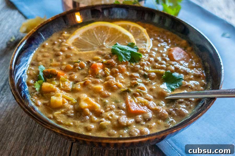 somali lentil stew in a bowl with lemon slices