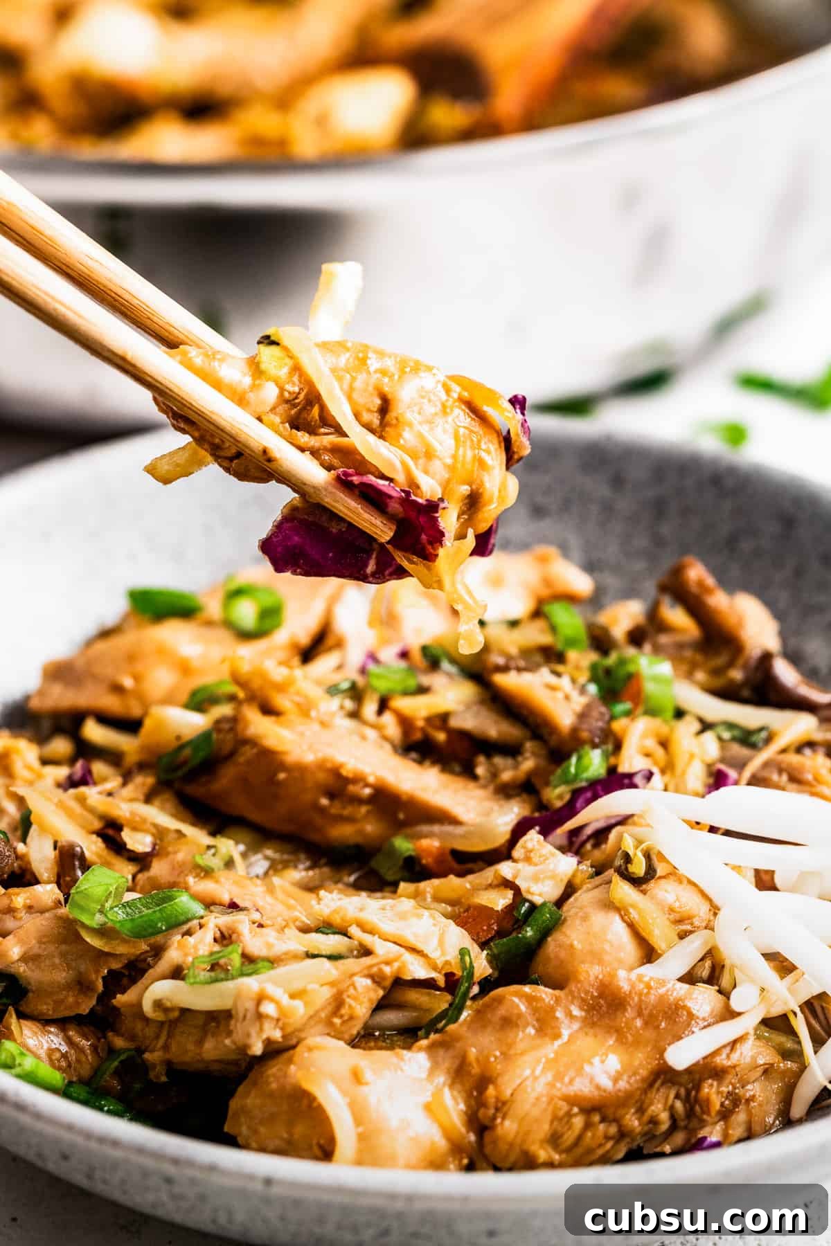 picking up moo shu chicken with chopsticks.