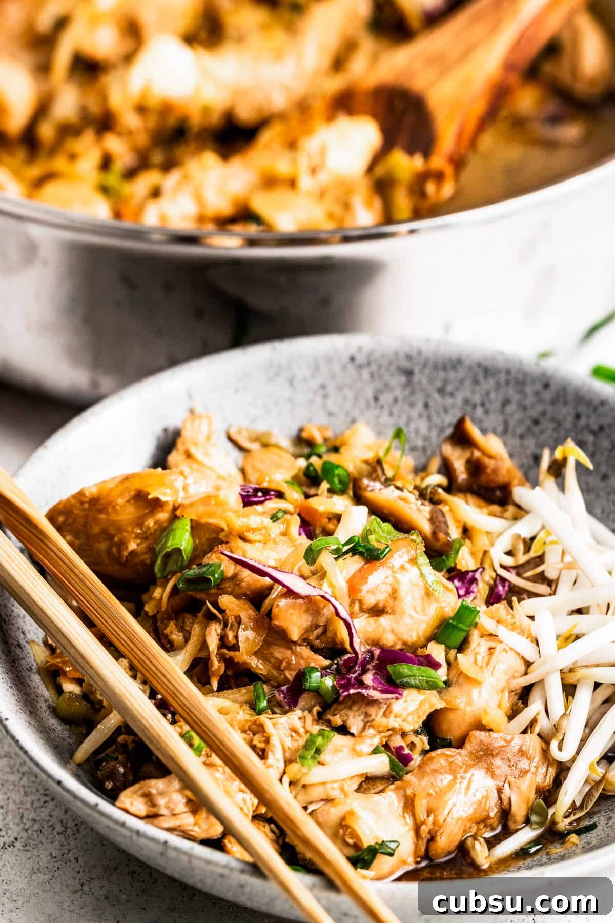 moo shu chicken served in a bowl, with a skillet of moo shu chicken placed right behind the bowl.