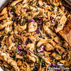 Finished moo shu chicken in a pan.