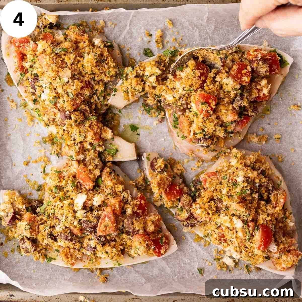 Spooning breadcrumb topping over swordfish steaks.