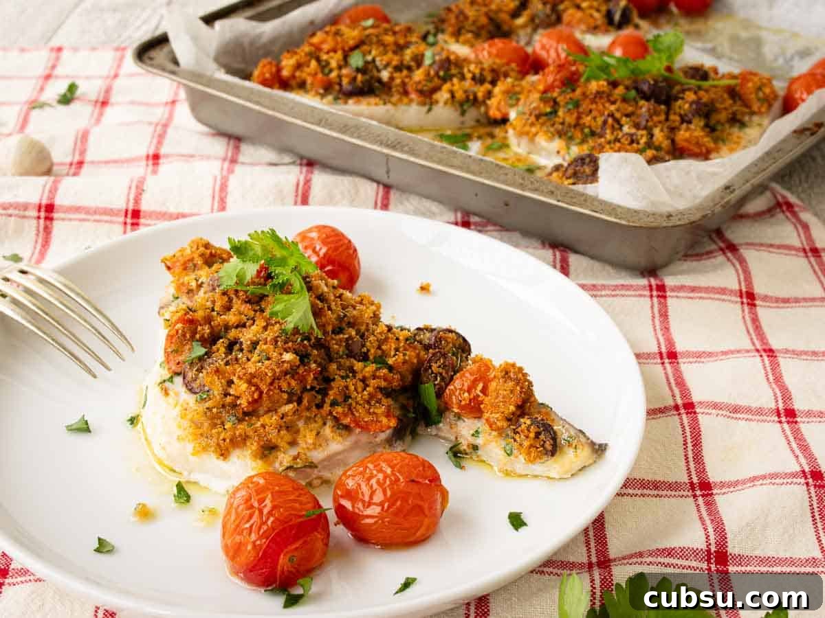 Swordfish topped with toasted breadcrumb topping on a round plate with baking pan at the rear.