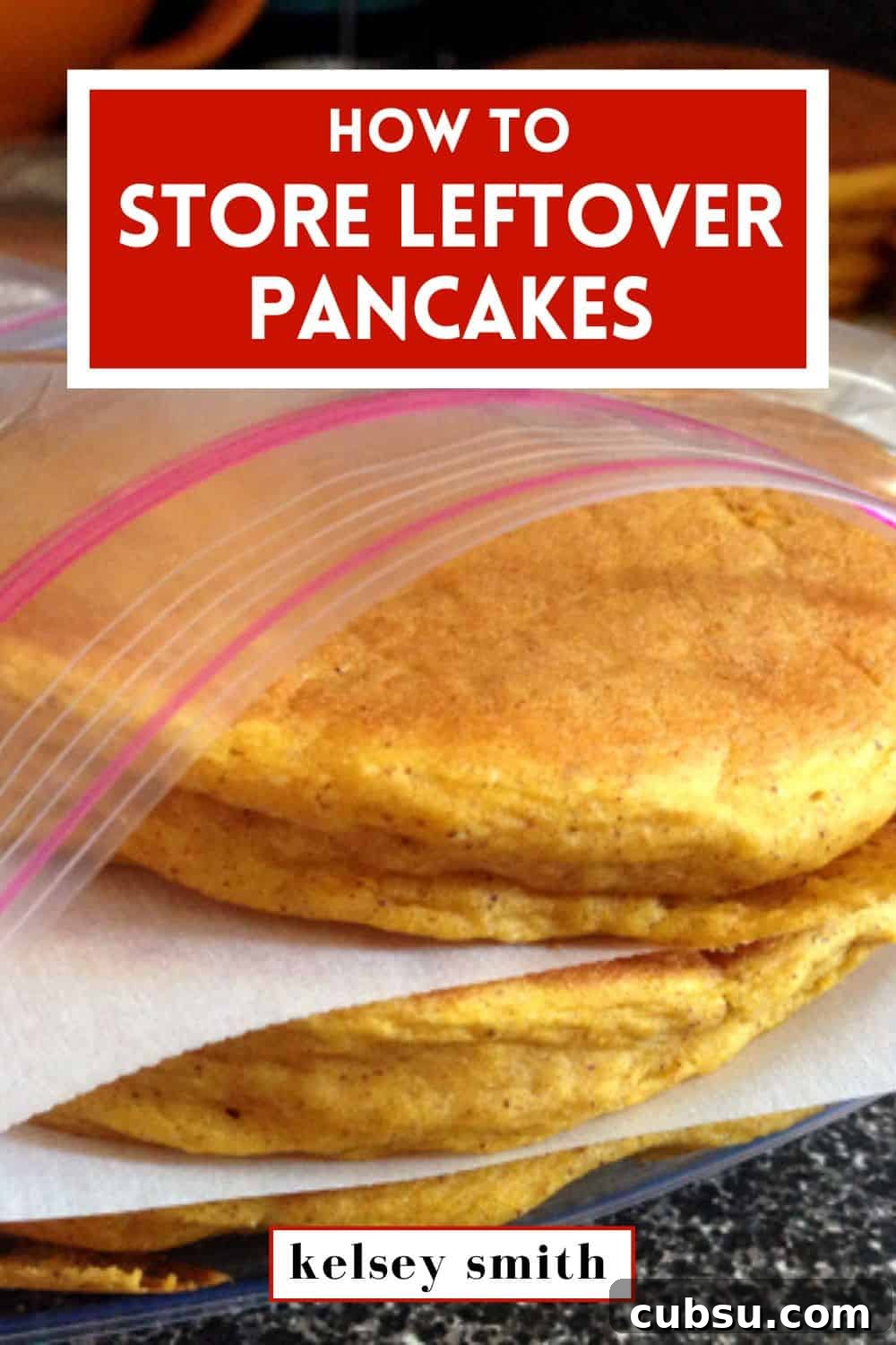 How to Store Leftover Pancakes So They Stay Fresh 3 Pancakes stacked in a food storage back with parchment paper between the layers
