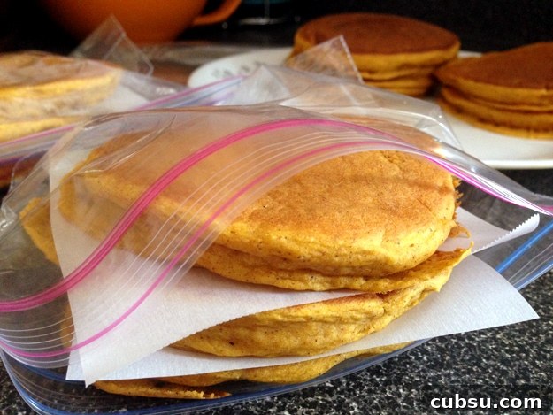 How to Store Leftover Pancakes So They Stay Fresh 4 Pancakes stacked in a food storage bag with parchment paper in between each pancake.