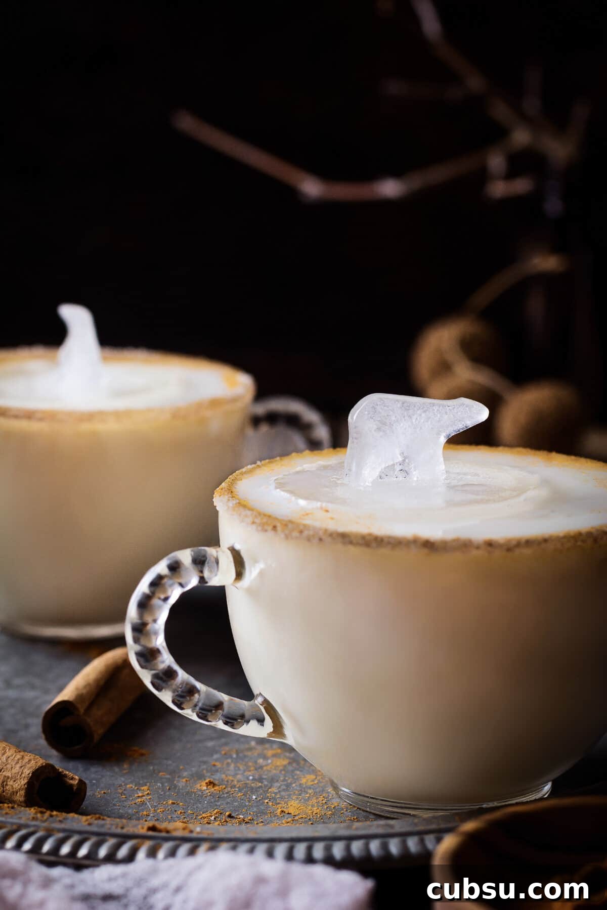 Melktertjies Milk Tart Cocktail Recipe: Creamy South African Drink 5 Two glasses with creamy liqueur from South Africa and animal ice cubes.