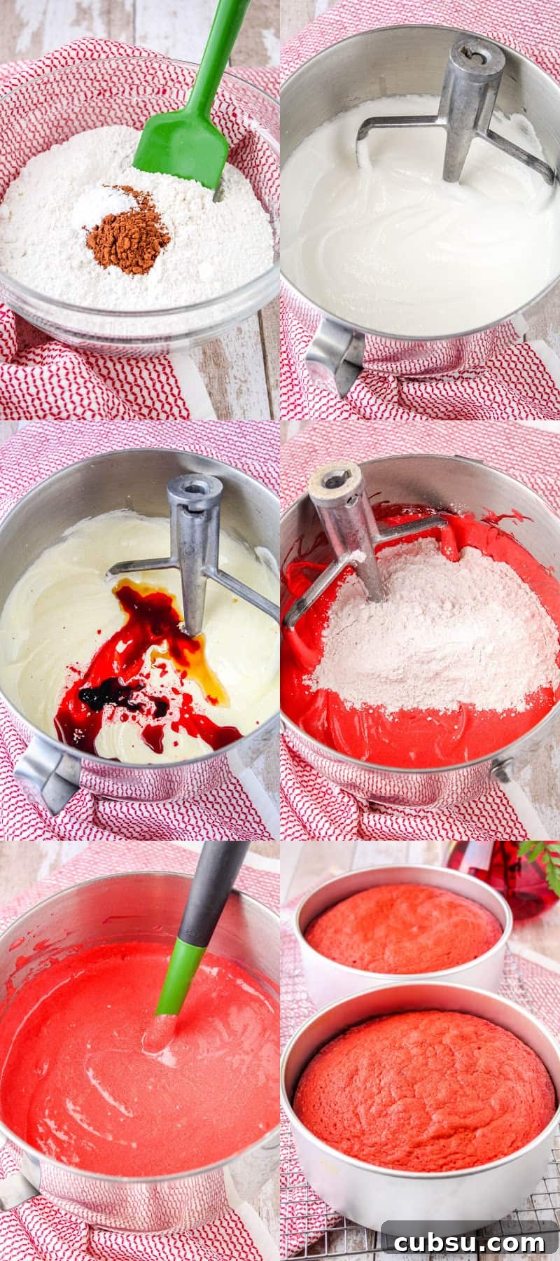 collage of steps to make red velvet cake batter and batter poured into pans