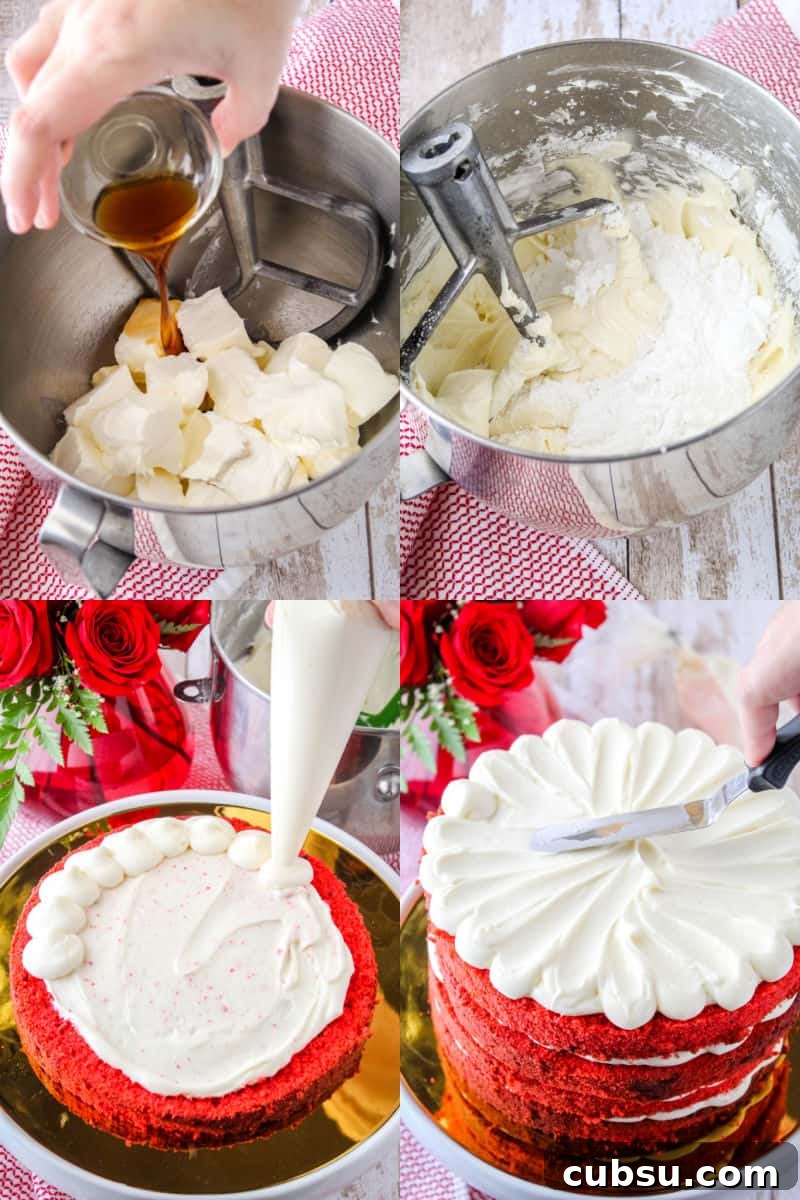 collage of how to make cream cheese frosting and cake decorating steps