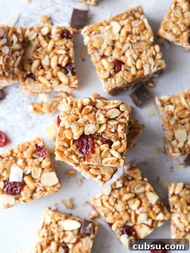 Cherry, Almond & Coconut Cereal Bars Recipe for Homemade Snacks 2 No-bake cereal bars with dried cherries, almonds, and coconut