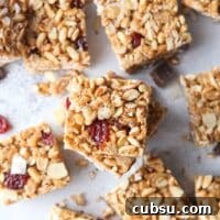 Cherry, Almond & Coconut Cereal Bars Recipe for Homemade Snacks 6 No-bake cereal bars with dried cherries, almonds, and coconut