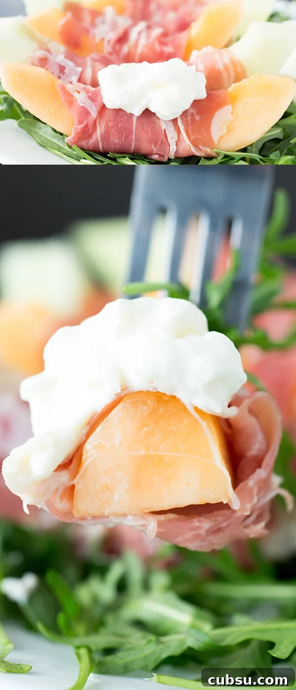 Prosciutto, Melon & Burrata Salad with Balsamic Glaze 6 Sweet melon, salty prosciutto, and creamy burrata on a bed of arugula.