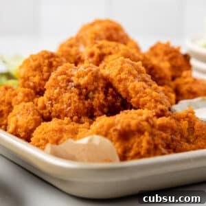air fryer buffalo chicken bites piled onto a parchment-lined baking sheet in front of a white subway tile backdrop