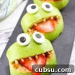 Made with apples, peanut butter, strawberries, sunflower seeds, and edible eyes, these Monster Apple Bites are a fun snack packed with nutrition! Perfect for Halloween or whenever you are looking for a fun snack idea for the kids.