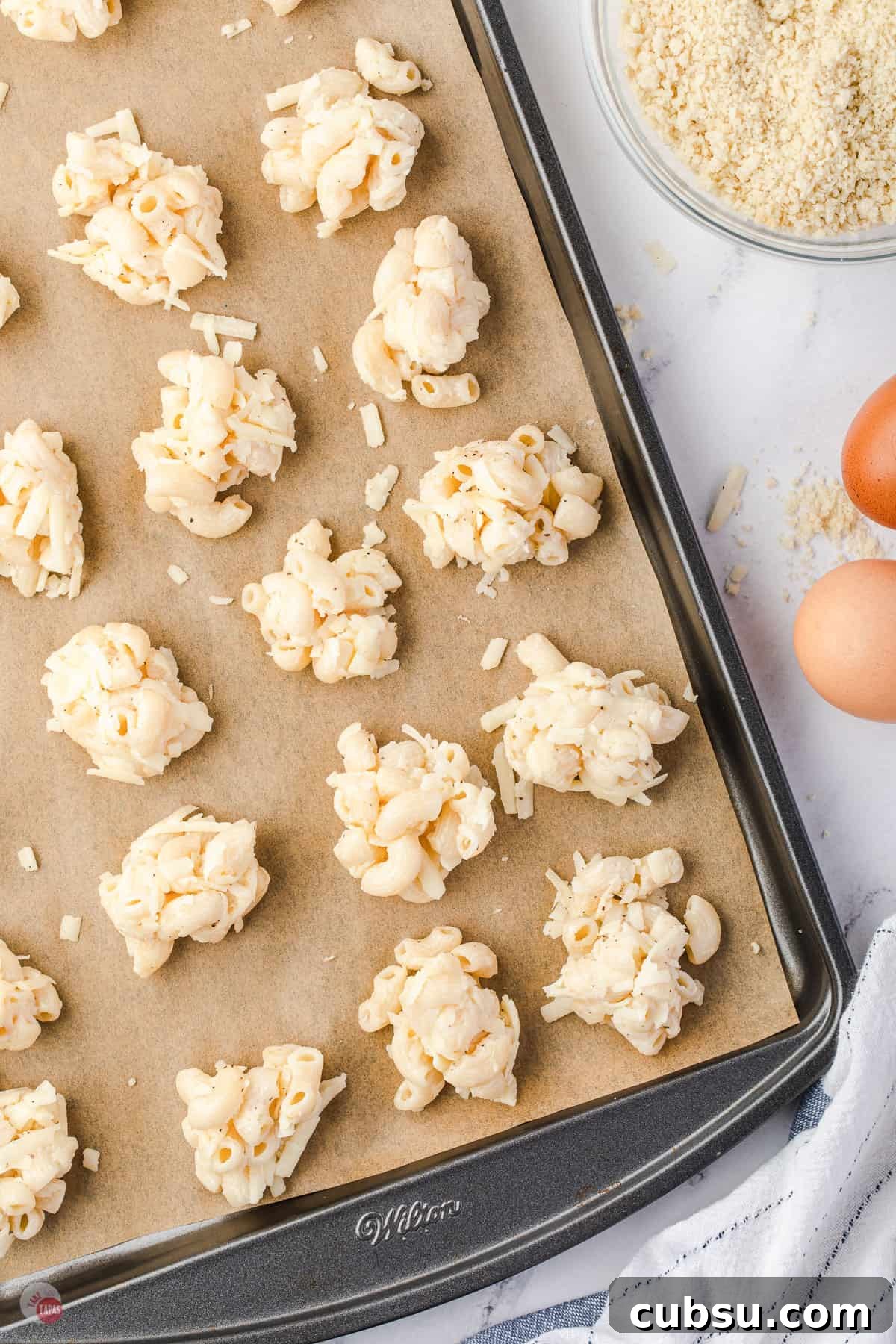 mac and cheese on baking sheet