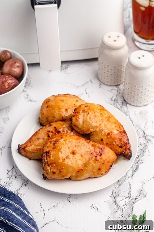 Golden chicken breasts in front of an air fryer served on a white plate.