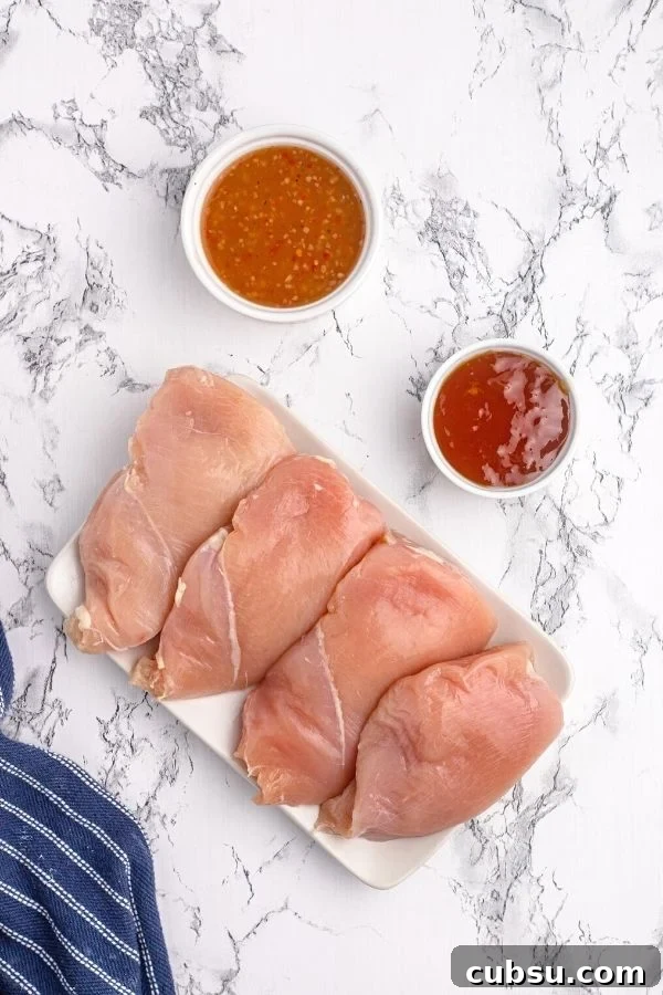 Ingredients to make glazed chicken on a white plate. Raw chicken, Italian dressing, and peach preserves.