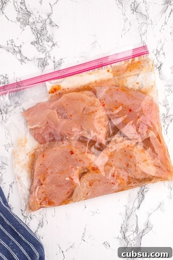 Chicken in a Ziploc bag, sealed and marinating in Italian dressing.
