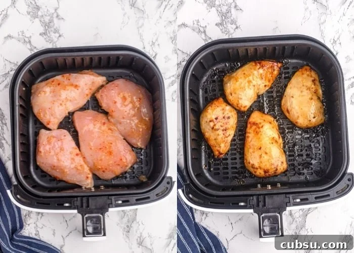Side by side photos of the chicken in the air fryer basket, before and after being cooked with the marinade and glaze applied.