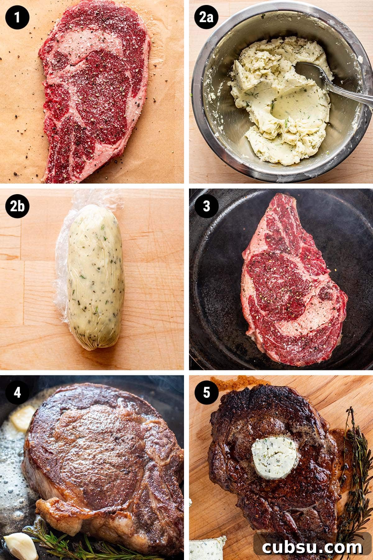 Pan-Seared Ribeye with Blue Cheese Butter Sauce 3 Step by step collage showing how to pan sear steak and make a blue cheese compound butter.
