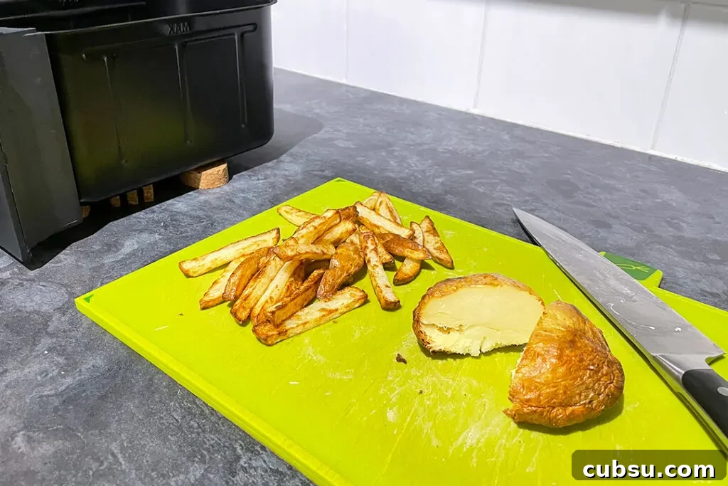 Tower Air Fryer Microwave Review: Honest Performance and Tips 8 Jacket potato and chips on a chopping board