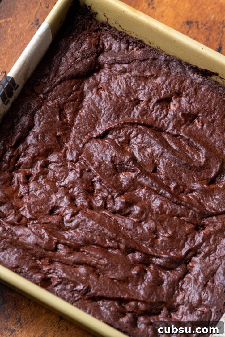 Brownie batter in a pan.