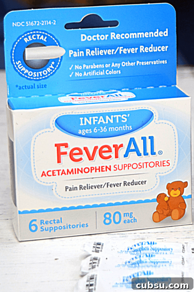 Cold and Flu Kit for Babies and Toddlers: Essential Supplies and Tips 4 Close up image of FeverAll acetaminophen suppositories