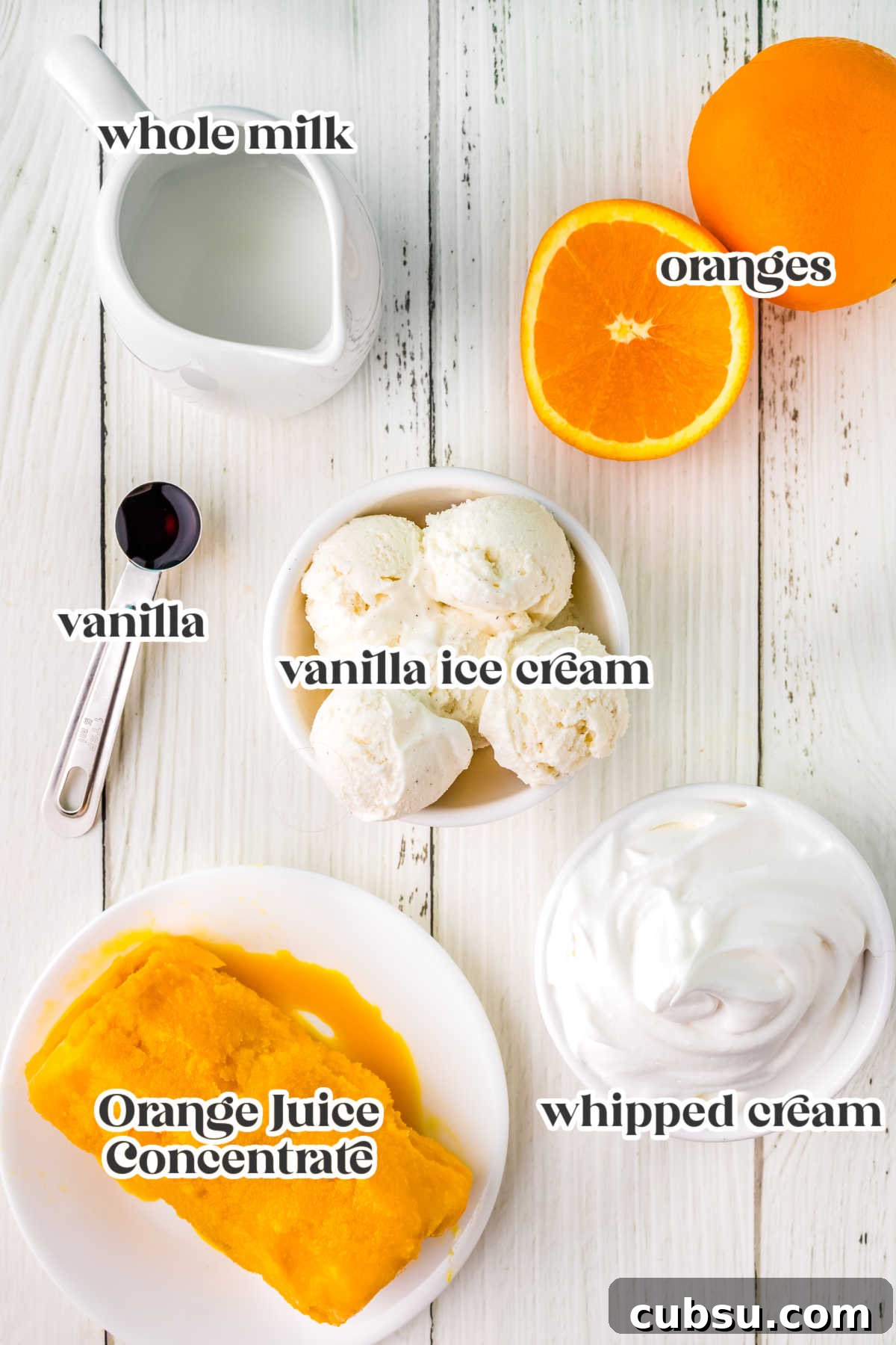 The orange creamsicle ingredients with text overlay labeling each.