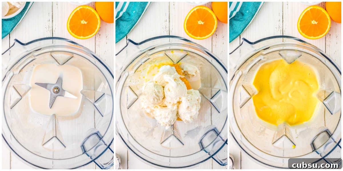 The milk, vanilla, orange juice concentrate, and ice cream added to a blender and blended until smooth.