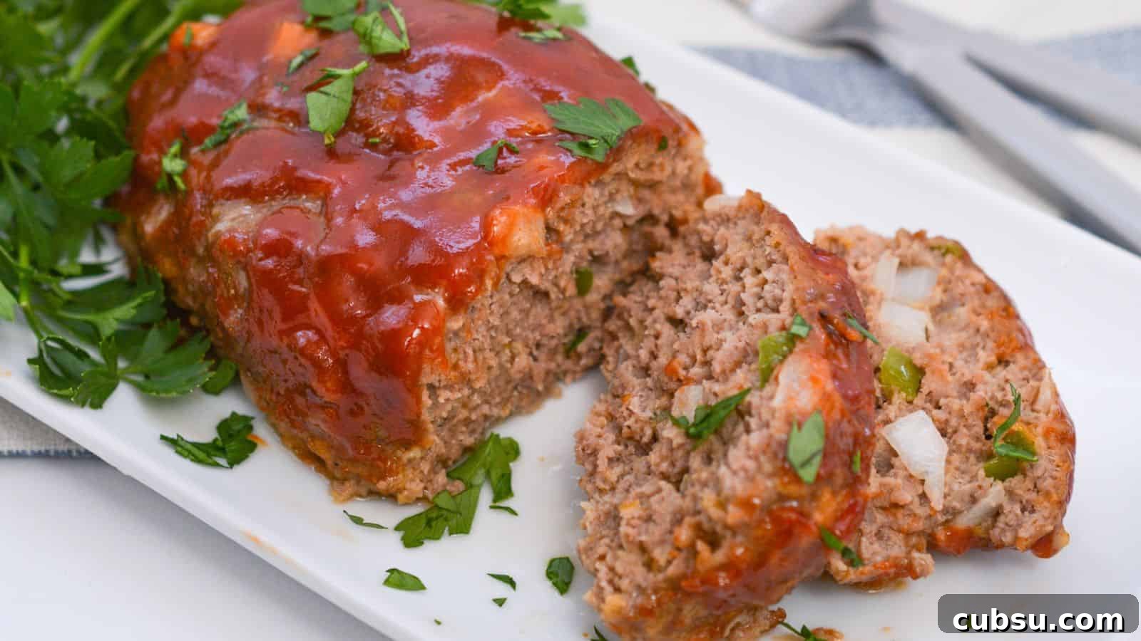 17 Timeless Grandma Recipes You Need to Try Now 14 Sliced meatloaf garnished with parsley on a white plate.