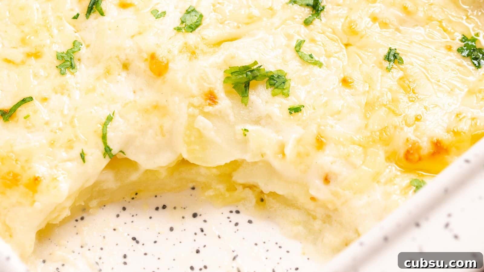 17 Timeless Grandma Recipes You Need to Try Now 3 Close-up of creamy scalloped potatoes topped with melted cheese and garnished with parsley in a baking dish.