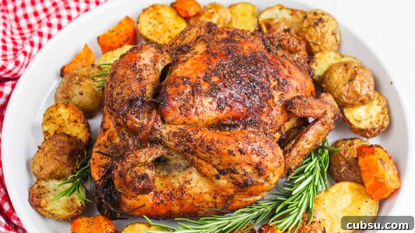 17 Timeless Grandma Recipes You Need to Try Now 4 Roasted chicken with potatoes and carrots on a white platter, garnished with rosemary.