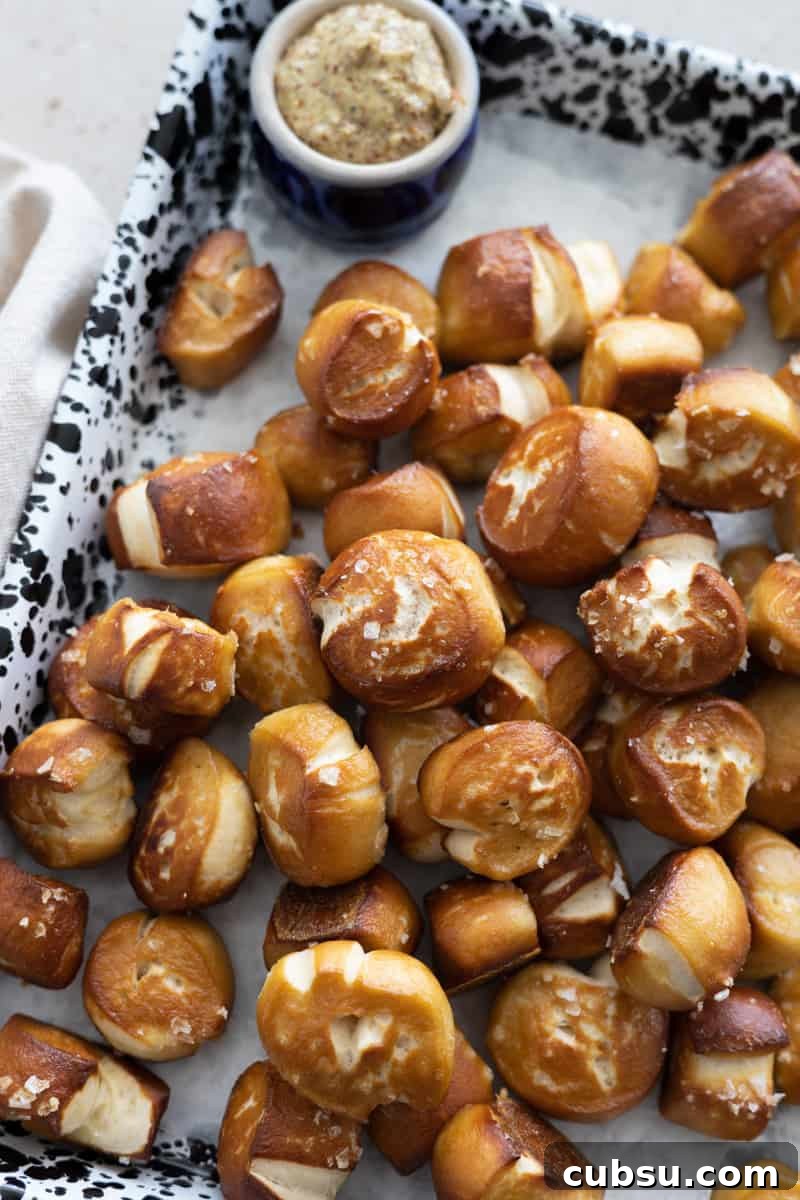Crispy Sourdough Discard Pretzels: Tangy Soft-Baked Recipe 14 Sourdough discard pretzel bites on a black and white speckled tray.