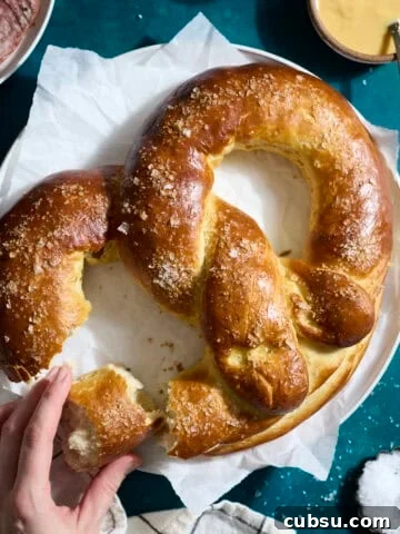 A Sourdough Discard Jumbo Pretzel on a white platter.