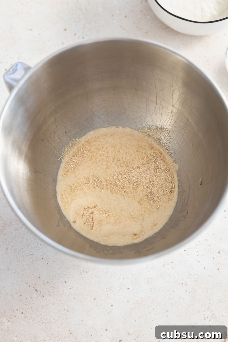 Crispy Sourdough Discard Pretzels: Tangy Soft-Baked Recipe 4 Yeast foaming in the bowl of a stand mixer.