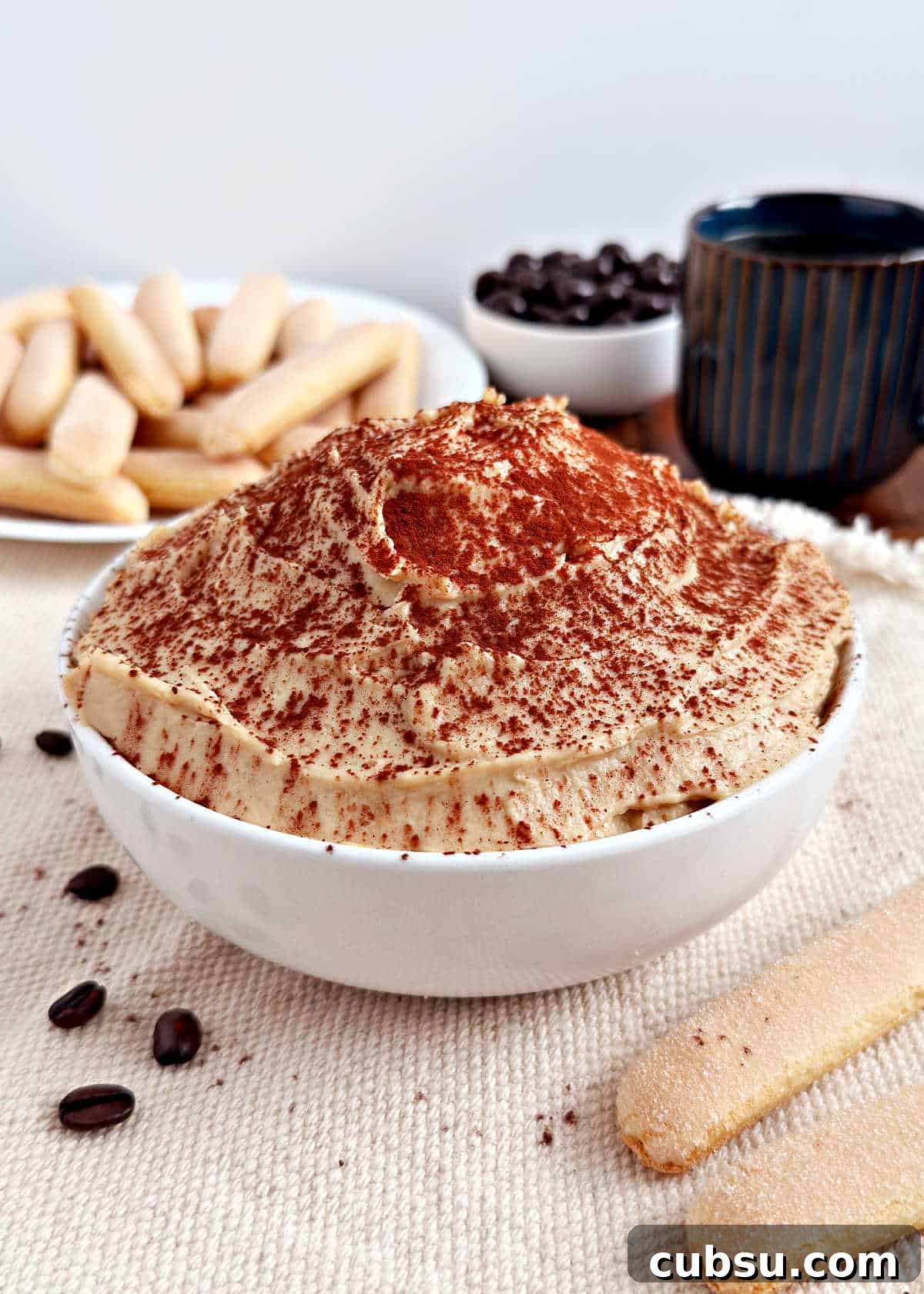 Creamy Tiramisu Dip Recipe for Coffee Lovers 2 bowl of tiramisu dip with cocoa powder and ladyfingers.