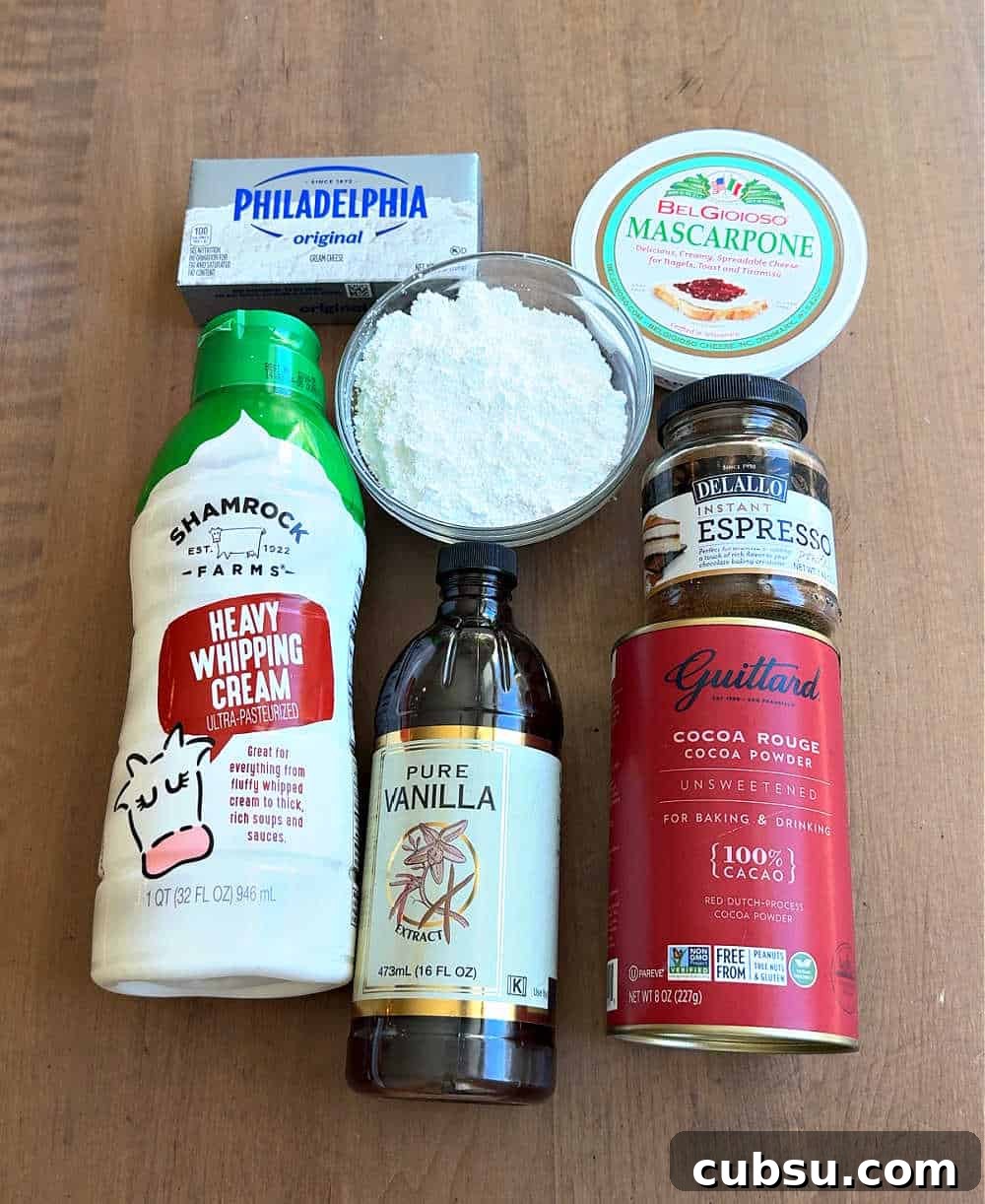 Creamy Tiramisu Dip Recipe for Coffee Lovers 4 mascarpone, cream cheese, sugar, cream, vanilla, espresso powder, cocoa.