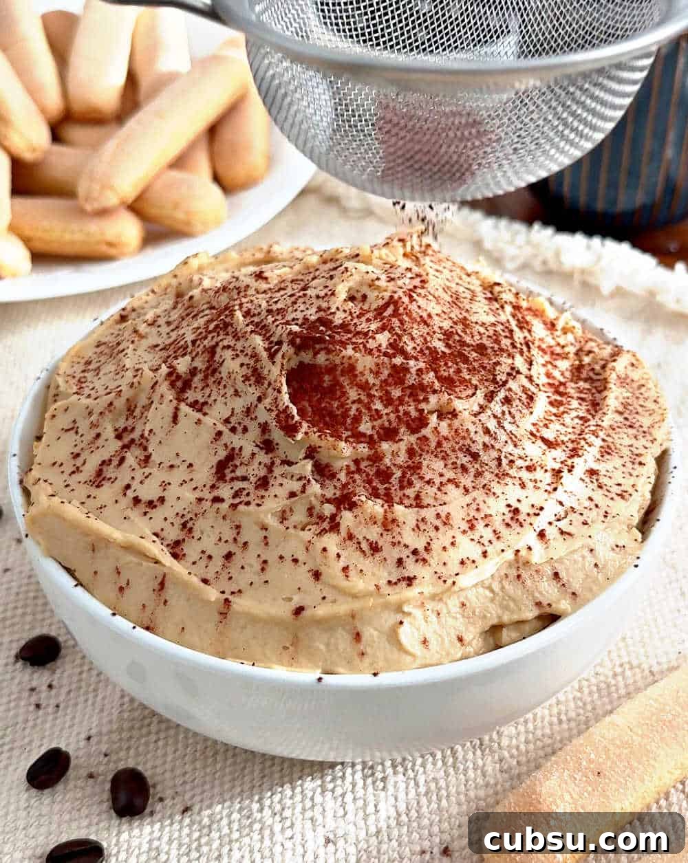 Creamy Tiramisu Dip Recipe for Coffee Lovers 8 siftin cocoa powder on top.