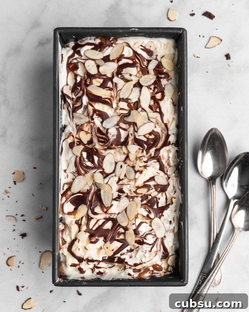 No churn almond ice cream is infused with a mocha swirl and full of chopped almonds